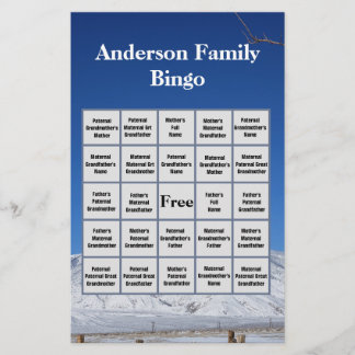 Papelaria Snowy Mountain Family Name e Photo Bingo Game