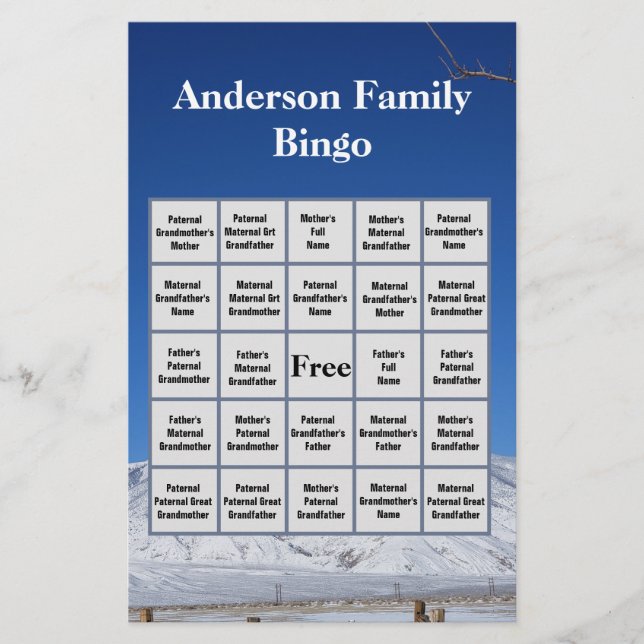 Papelaria Snowy Mountain Family Name e Photo Bingo Game (Frente)