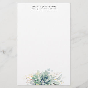 Papelaria Suculentes de aquarela e Elegante de verde Dourado