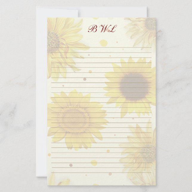 Papelaria Sunflowers Lined Monogram Writing Paper (Frente)
