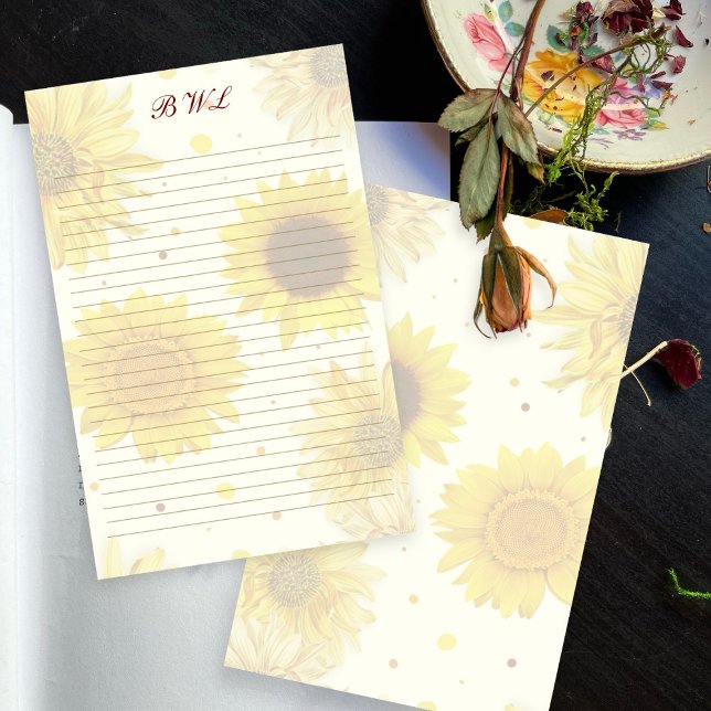Papelaria Sunflowers Lined Monogram Writing Paper (Criador carregado)