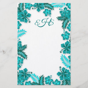 Papelaria Teal Aqua Hibiscus Border Monogramed Paper