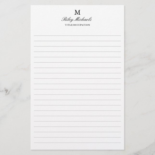Papelaria Título de Monograma Simples Preto Elegante Lined (Frente)