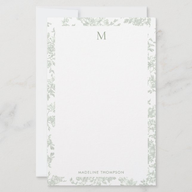 Papelaria Toile Botânico Clássico Monograma Verde Sage (Frente)