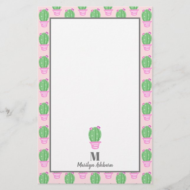 Papelaria Trendy Pink Potted Cactus | Personalizado (Frente)