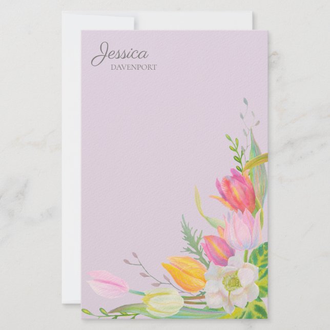 Papelaria Tulipas de Aquarela Rosa e Amarelo Flores da Prima (Frente)