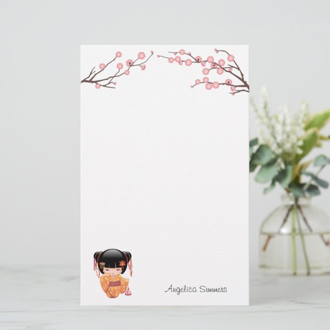 Papelaria Ume Kokeshi Doll - Rapariga Peach Geisha Japonesa (Em pé/Frente)