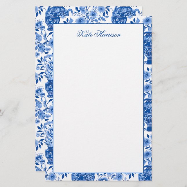 Papelaria Vases Florais De Jar De Gengibre Azul E Branco (Frente/Verso)