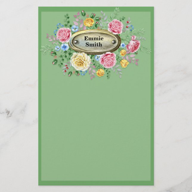 Papelaria Verde Floral Amarelo-Cor-de-Rosa Personalizado (Frente)