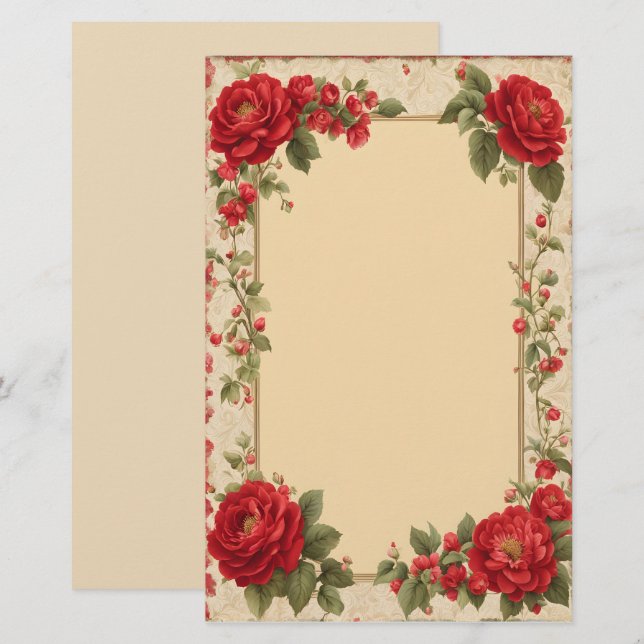 Papelaria Vintage Rosa vermelha com quadro Dourado (Frente/Verso)