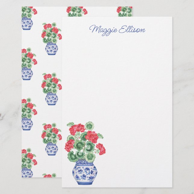 Papelaria Watercolor Chinoiserie Vase dos Alemães Vermelhos (Frente/Verso)
