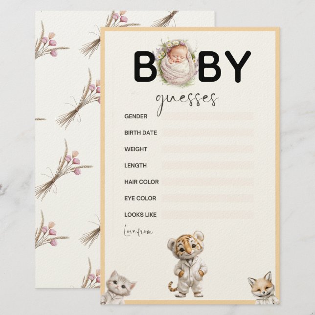 Papelaria Whimsical Pajama Animals: Baby Guesses Game (Frente/Verso)