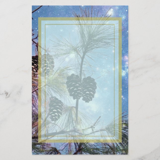 Papelaria Winter Pine Cones sob um céu noturno estrelado (Frente)