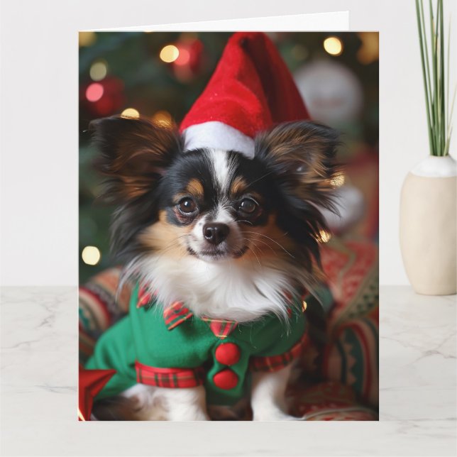 Papillon Elf Puppy Cartão de Natal (Frente)