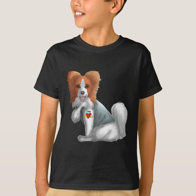 Papillon Eu Amo Mamãe Tatuagem Camiseta de cão Mãe (Frente)