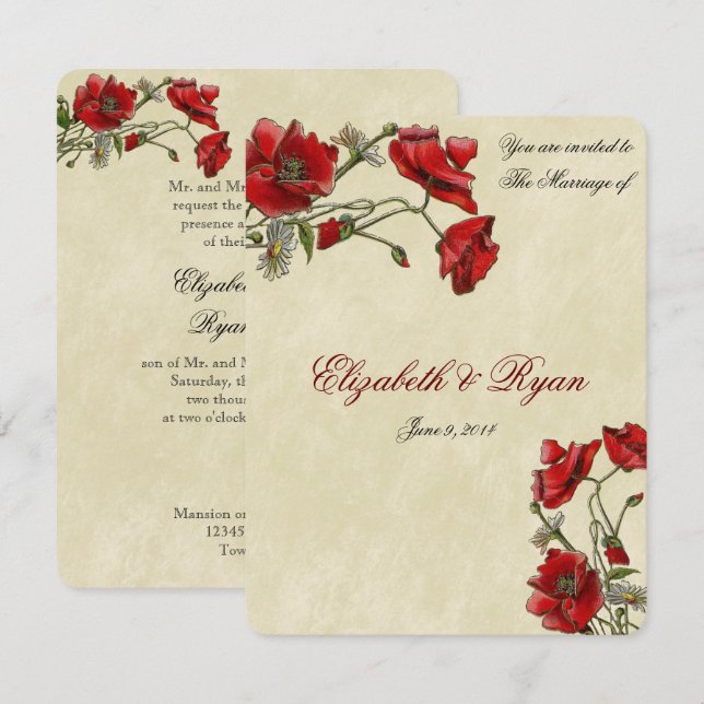 Papoulas Vermelhas, Convite de Casamento Elegante (Frente/Verso)