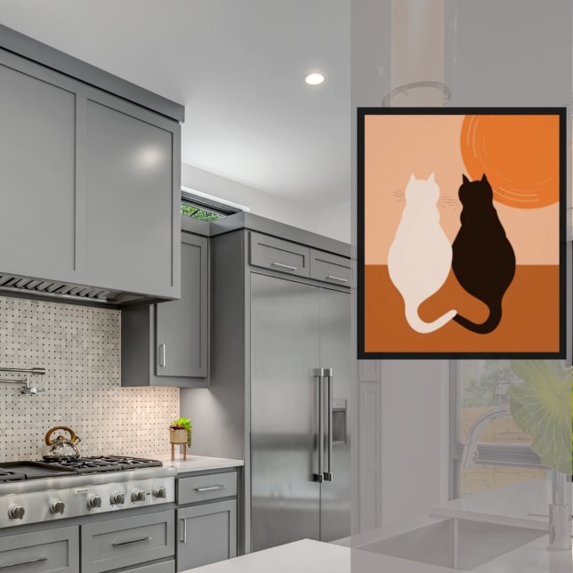 Par de Gato Preto e Branco - Decoração de Parede d (Modern Black & White Cat Pair, Orange Kitchen Poster)