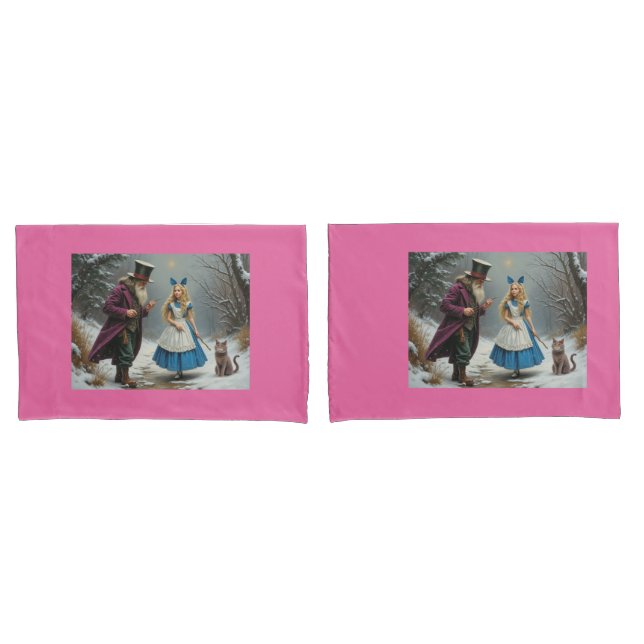 Par de travesseiros cor-de-rosa de Alice no invern (Frente - conjunto)