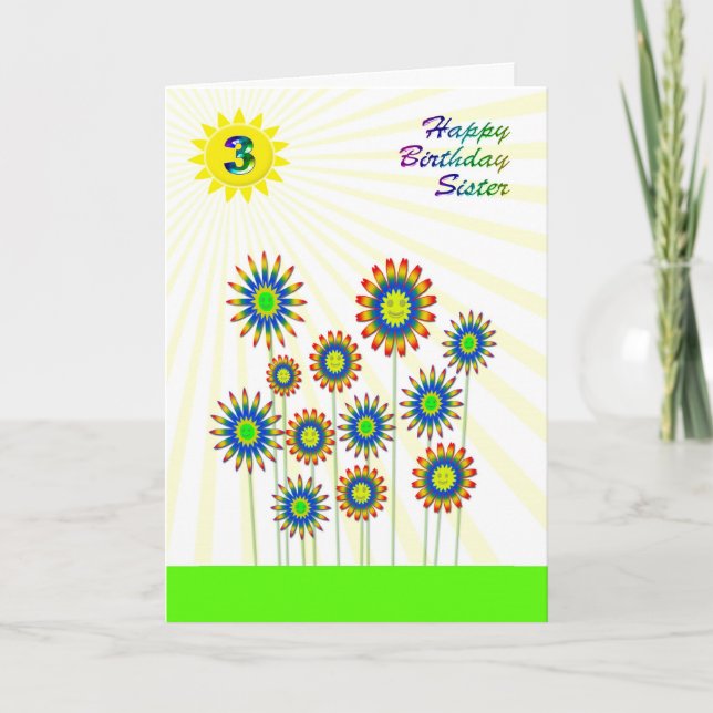 Para a irmã 3 anos, um cartão de flores feliz (Frente)
