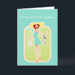 Para a menina que tem tudo cartão de aniversário<br><div class="desc">Faça seus amados rir com este cartão bonito e espirituoso do aniversário. Fronteie características de design uma mulher à moda, elegante com cabelo vermelho que vestem um vestido azul, uma colar alaranjada e os saltos, chapéu amarelo largo, e brincos pequenos do ouro. Leva sua bolsa branca em uma mão e...</div>