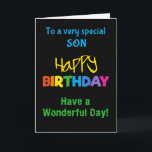 Para as cores do "Son Rainbow" no cartão de aniver<br><div class="desc">Um Cartão de Aniversário colorido para um Filho,  com letras brilhantemente coloridas num fundo preto,  a palavra "feliz" em amarelo e a palavra "aniversário" em cores arco-íris.</div>
