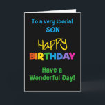 Para as cores do "Son Rainbow" no cartão de aniver<br><div class="desc">Um Cartão de Aniversário colorido para um Filho,  com letras brilhantemente coloridas num fundo preto,  a palavra "feliz" em amarelo e a palavra "aniversário" em cores arco-íris.</div>