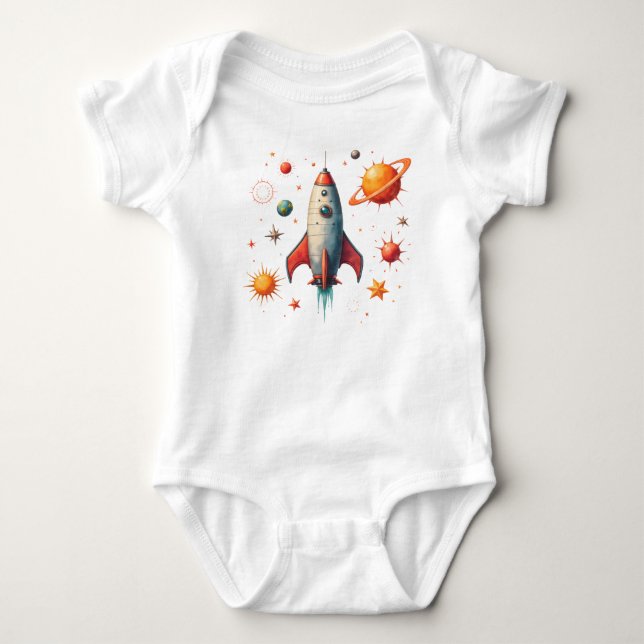 Para Bebê Baby body suit with rocket ship and planets (Frente)