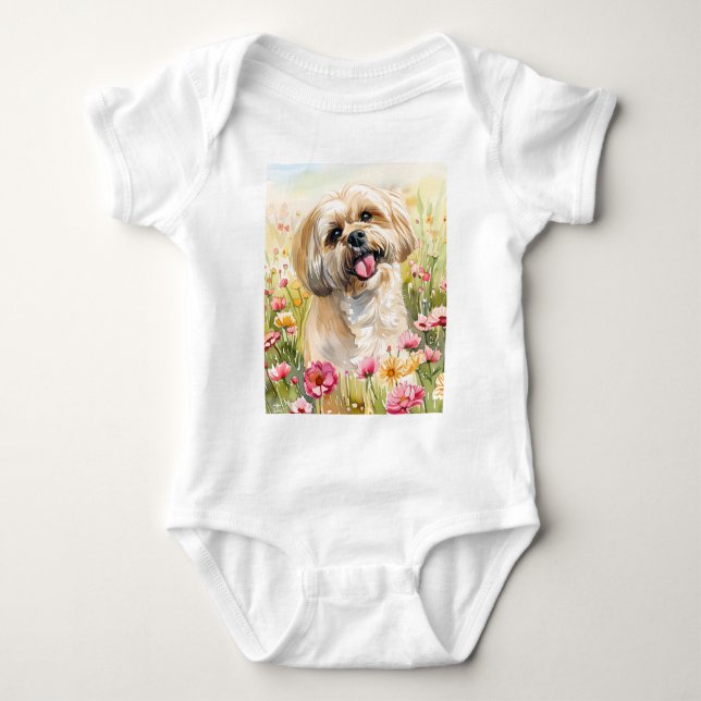Para Bebê Body Infantil de Aguarela Lhasa Apso (Frente)