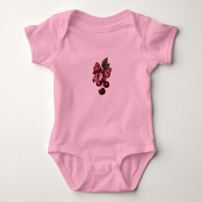 Para Bebê Body Infantil Rosa com Laço de Cereja Coquete Fofa (Frente)