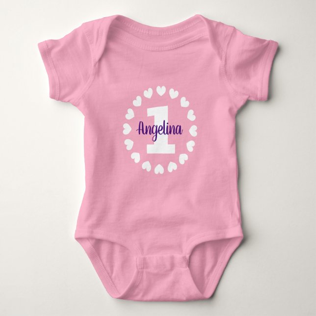 Para Bebê Body rosa personalizado de 1º aniversário da menin (Frente)
