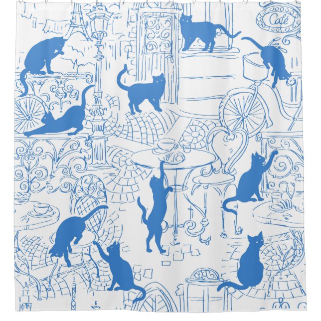 Para Box Blue White French Cat Paris Café Chá Cortina (Frente)
