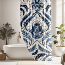 Chá Floral Azul e Branco Damasco Floral Cortina