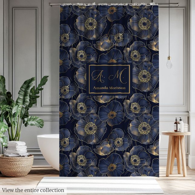 Para Box Cortina de Banheiro Chic Navy Gold Statement (Chic Navy Gold Bathroom Statement Curtain)