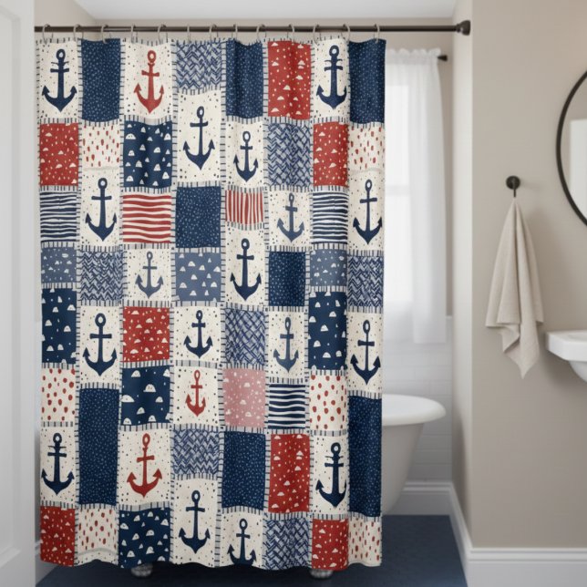 Para Box Cortina de Banho Âncora Náutica (nautical anchor patchwork navy blue red white shower curtain)