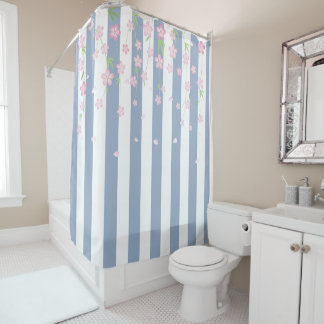 Para Box Cortina de Banho Azul e Branco Listra Floral