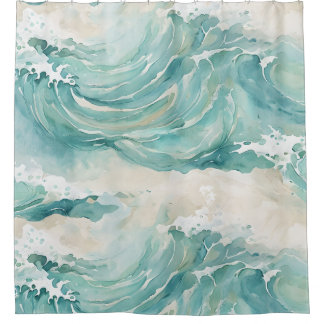 Para Box Cortina de Banho com Ondas Oceânicas em Aquarela