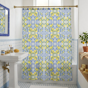 Para Box Cortina de Banho de Azulejo Azul e Limão Siciliano