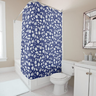 Para Box Cortina de Banho Floral Azul Escuro e Branco