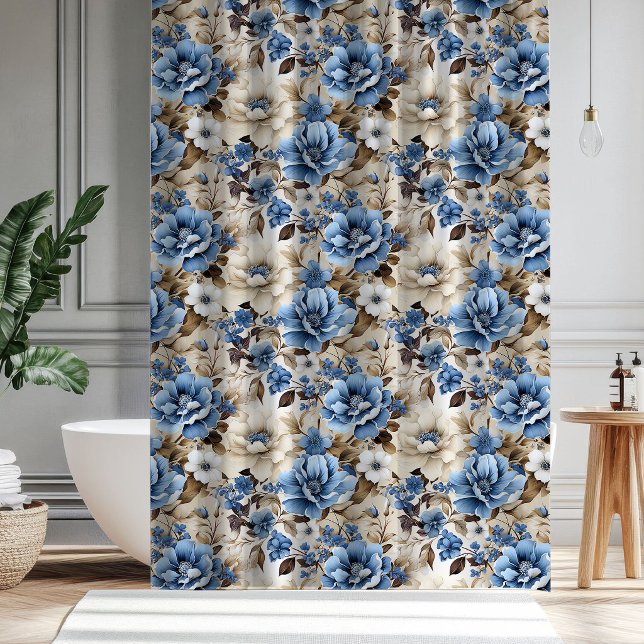 Para Box Cortina de Banho Floral Marfim Azul Sofisticada (Sophisticated Blue Ivory Floral Shower Curtain Decor)