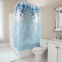 Cortina de Banho Flores Azuis e Pérolas