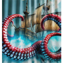 Cortina de Banho Navio Kraken e Galeão Vintage