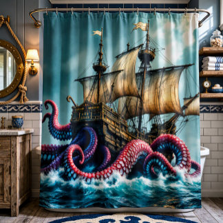 Para Box Cortina de Banho Navio Kraken e Galeão Vintage