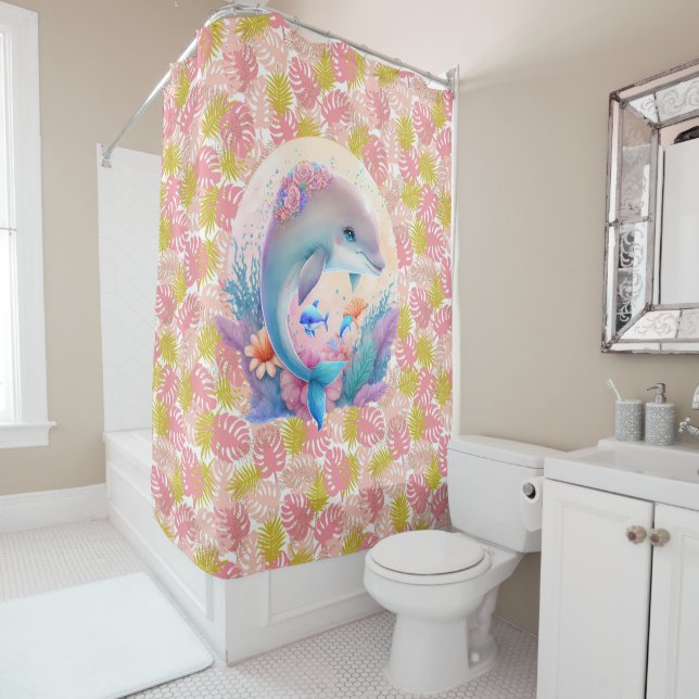 Para Box Cortina de Banho Pink Tropics Com Golfinho (In Situ)
