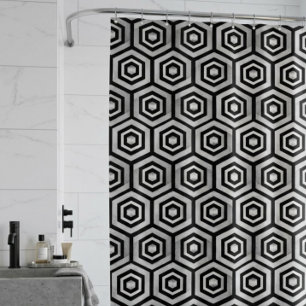 Para Box Cortina de Banho Preto Branco Hexágono Geométrico