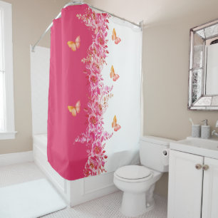 Para Box Cortina de Banho Rosa Floral com Borboleta Gracios