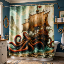 Cortina de Banho Vintage Kraken & Galleon Ship