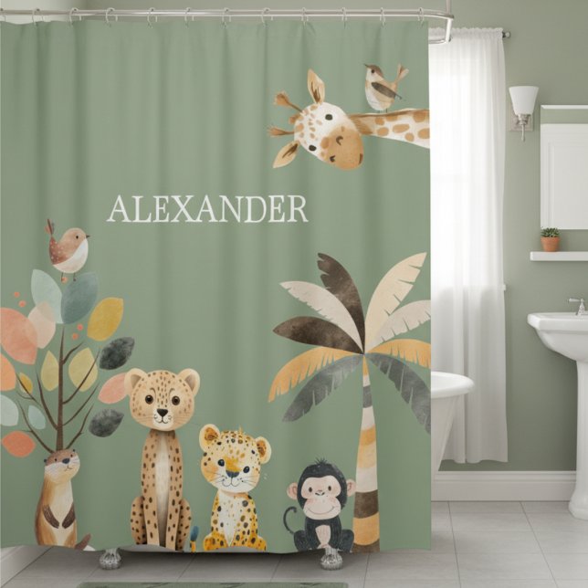 Para Box Cortina de Chá de Animais Cachos (whimsical cute animal giraffe monkey green shower curtain for jungle or safari themed bathroom)