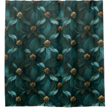 Cortina de Chá de Padrão Floral Teal e Dourada