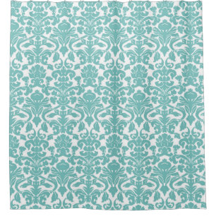 Para Box Cortina de chá floral branca azul do damasco da