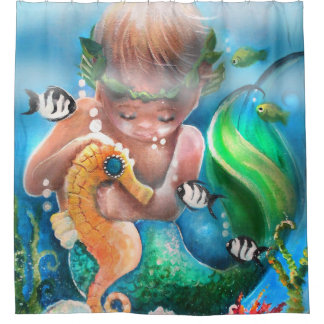 Para Box Cortina de chuveiro de bebê sereia e cavalo-marinh